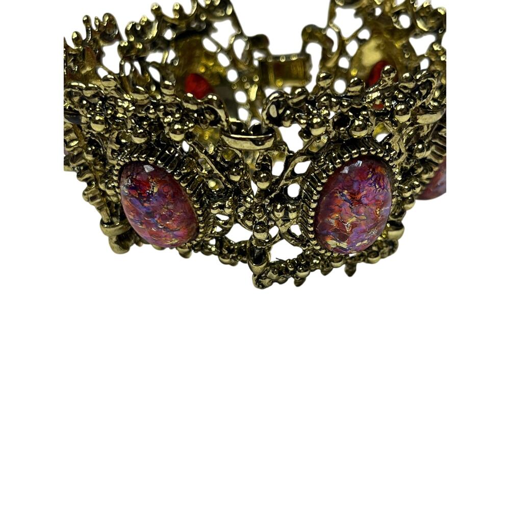 50's Vintage Pink Confetti Dragon Eye Lucite Cabochon Gold Tone Chunky Bracelet